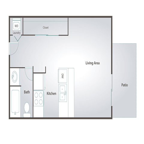 Floor plan for studio, 1 bath, 409 sqft